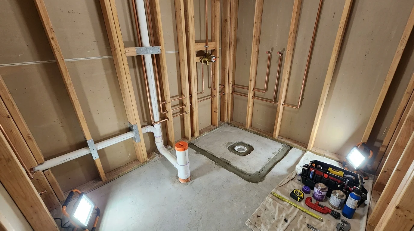 Bathroom rough-in plumbing during remodel by Johns Plumbing LLC in Evergreen Park