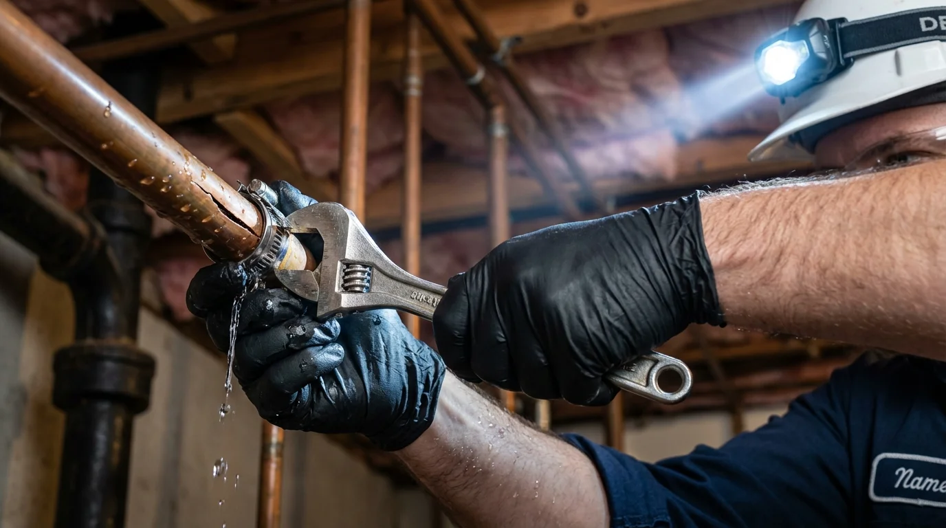 Emergency pipe clamp repair being performed by a Johns Plumbing LLC plumber in Evergreen Park