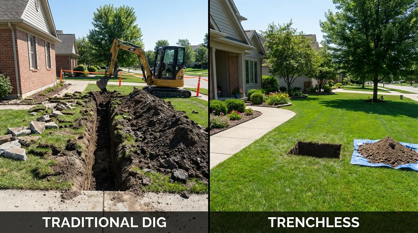 Trenchless sewer repair with minimal yard damage versus traditional excavation in Evergreen Park, IL