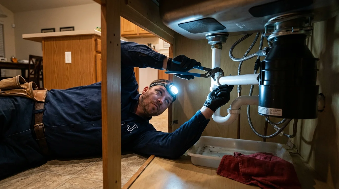 P-trap and supply line connections under a kitchen sink showing a common leak point in Evergreen Park, IL